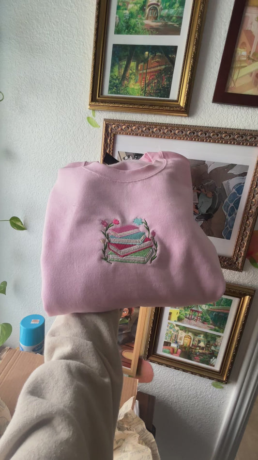 Books and Flowers Embroidered Sweater